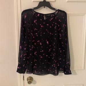 Black and purple sheer sleeve flutter movement blouse